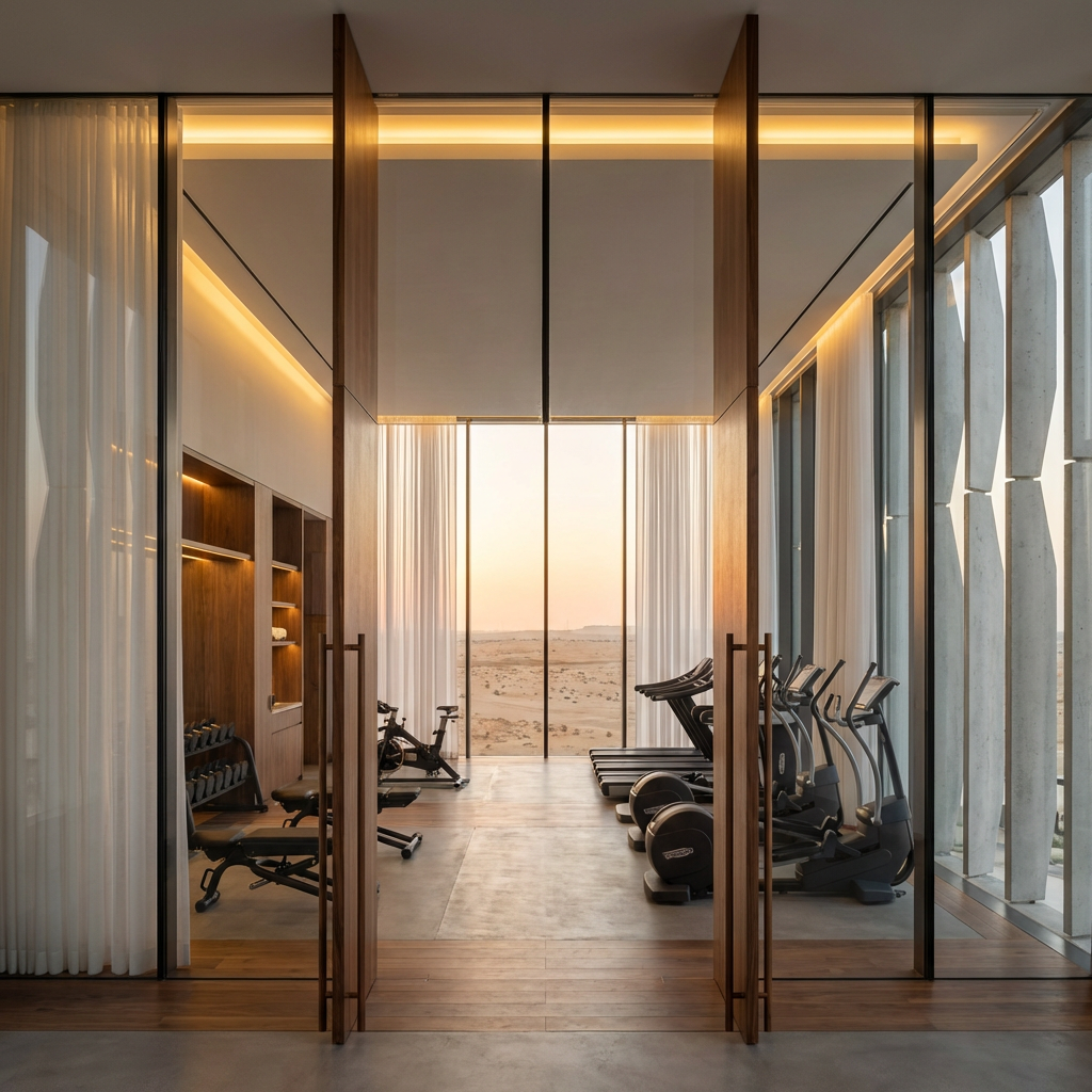 FIRA fitness suite — fifth-floor performance studio framed by the pleated facade and open desert horizon.