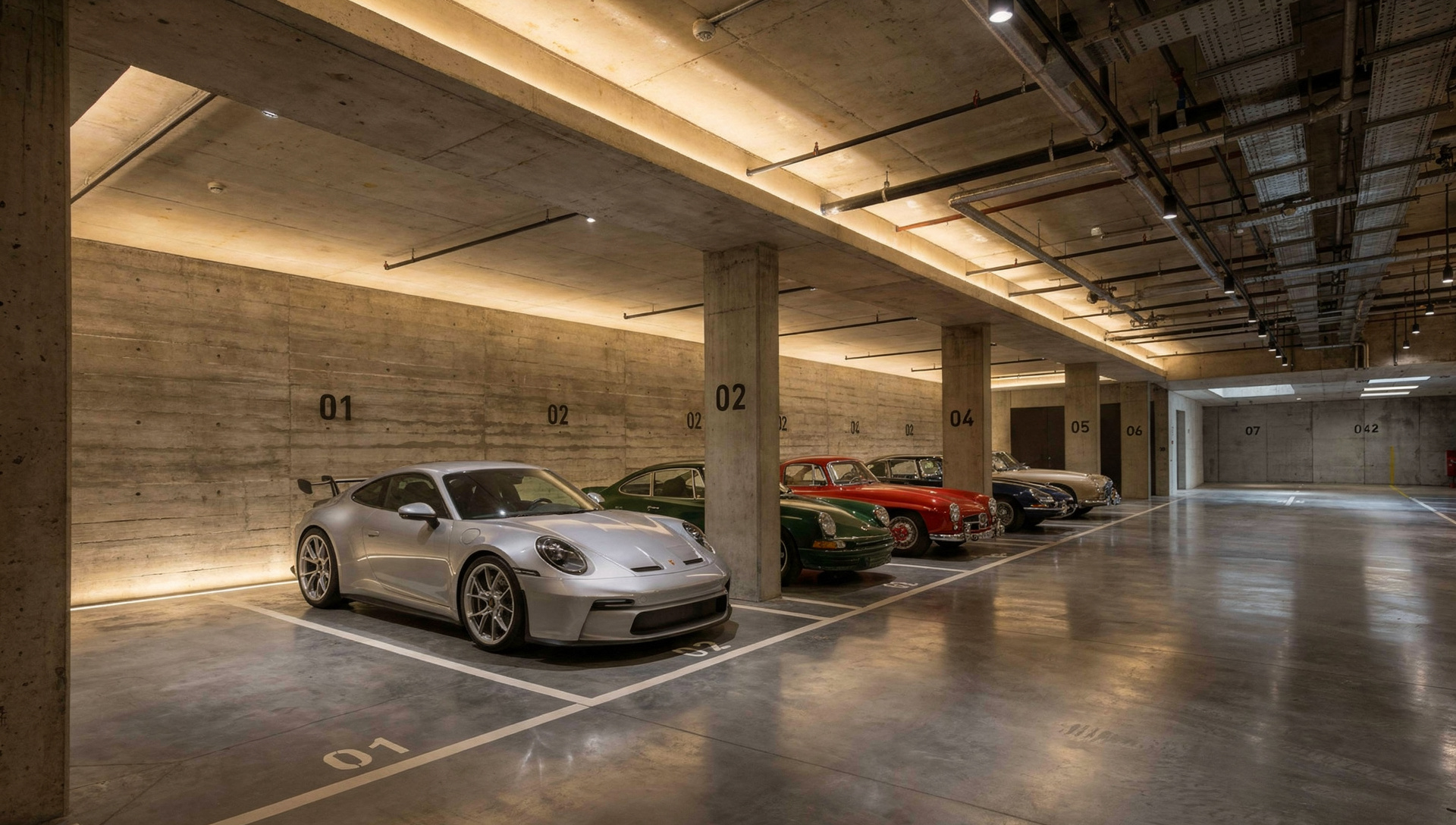 FIRA private garage — numbered concrete bays at arrival level.