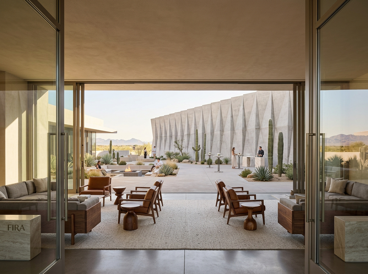 FIRA lobby framing the pleated concrete amenity wall and Sonoran desert beyond.