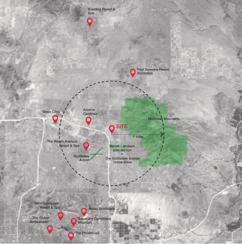 North Scottsdale site map showing demand drivers within 5 miles — Mayo Clinic, Scottsdale Airport, Barrett-Jackson, Four Seasons, McDowell Mountains