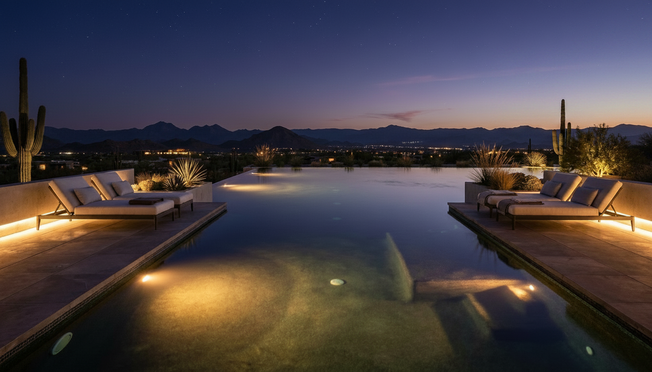 FIRA fifth-floor rooftop pool — uninterrupted McDowell sightlines at dusk.