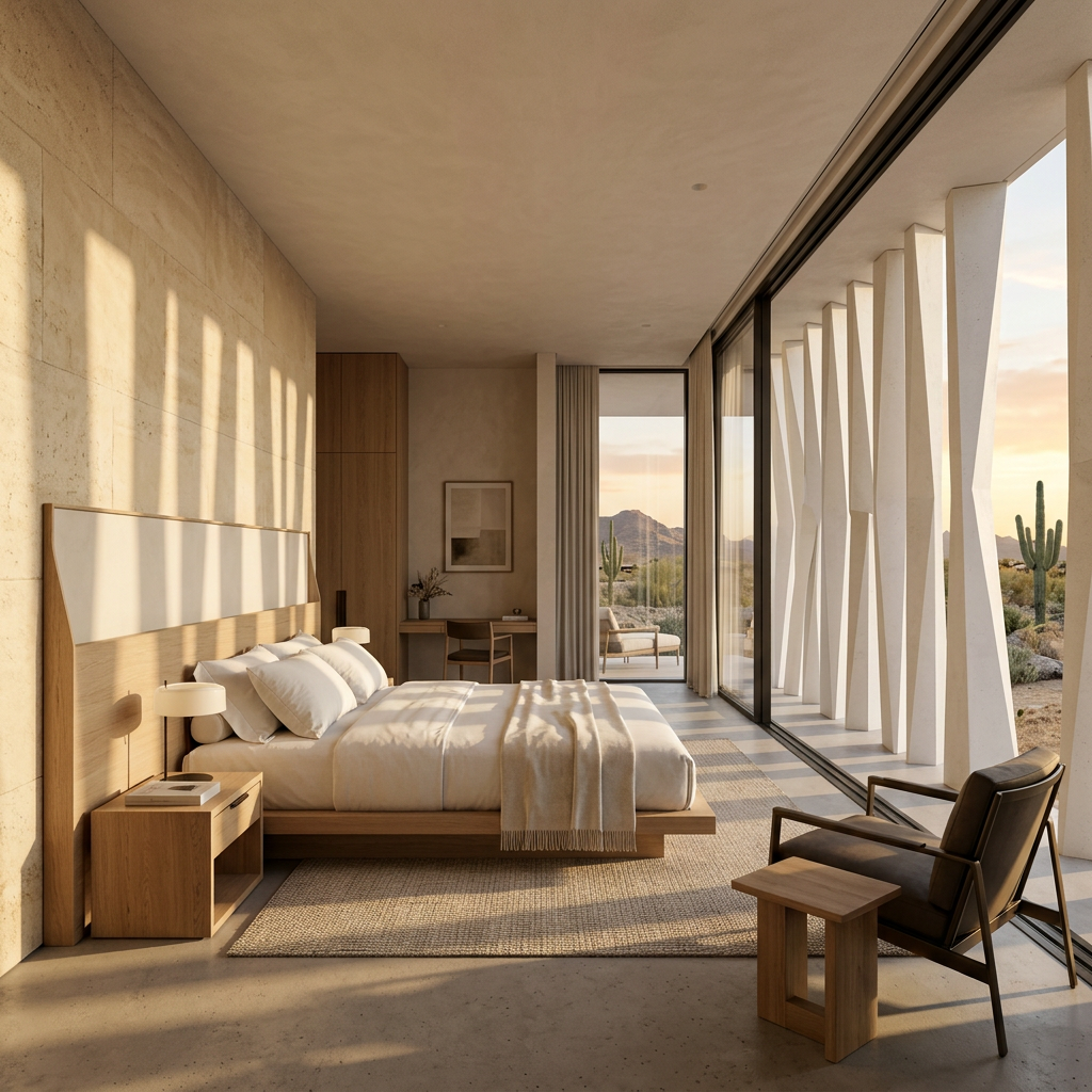 FIRA guest suite: travertine, oiled walnut, and full-height glazing framing the desert pleated facade.