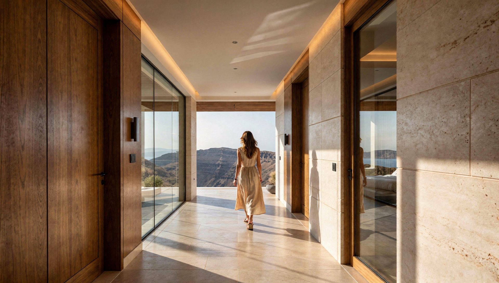 Guest moving through a travertine and walnut threshold toward an open desert vista at FIRA.